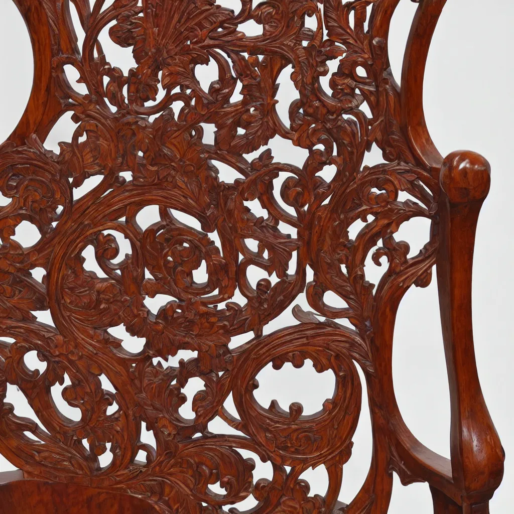 Image similar to a 3 d wooden mahogany art nouveau carved sculptural chair with a delicate multi - layer tracery pattern, intricate and highly detailed, well - lit, ornate, realistic, polished with visible wood grain