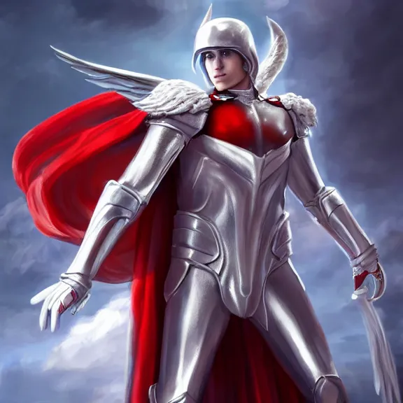 Image similar to cinematic full body shot of a male angel flying, white metallic armor, red cape, elegant pose, detailed arms, detailed white armor, two arms, two legs, detailed fanart, rpg art, d&d art, macro art, digital art, DeviantArt, artstation, 8k HD