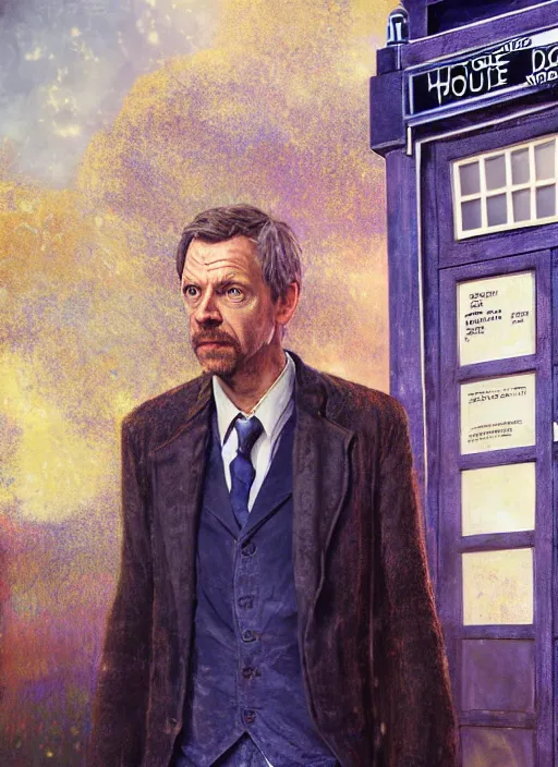 Image similar to portrait of doctor house standing next to tardis from doctor who, au naturel, hyper detailed, digital art, trending in artstation, cinematic lighting, studio quality, smooth render, unreal engine 5 rendered, octane rendered, art style by klimt and nixeu and ian sprigger and wlop and krenz cushart.