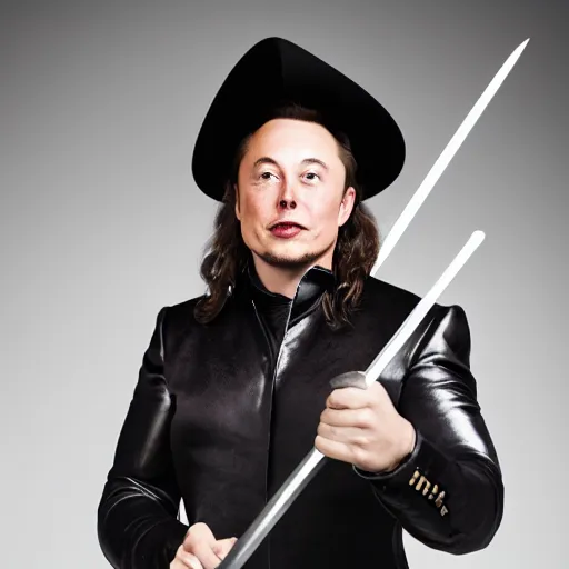 Image similar to photo of elon musk as a musketeer, he has a big black hat with a red feather, he is holding a shiny rapier sword and he is looking straight to the camera, gray background, studio lighting, 4 k, 8 k