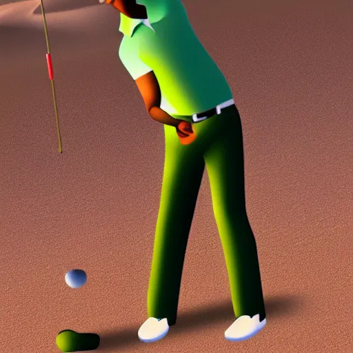 Image similar to a man with pickle textured skin tone golfing in the desert
