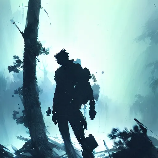 Prompt: man in the desolate forest looking for wifi by Akihito Yoshitomi AND Yoji Shinkawa AND Greg Rutkowski, Mark Arian trending on artstation