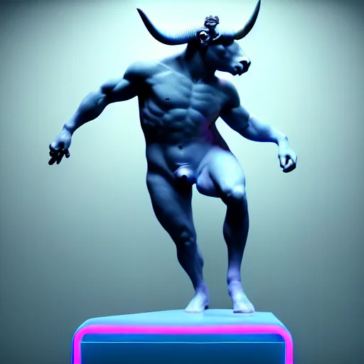 Image similar to unreal engine octane render houdini hyperreallistic render 8k marble statue of the bull minotaur vaporwave blue and pink neon background