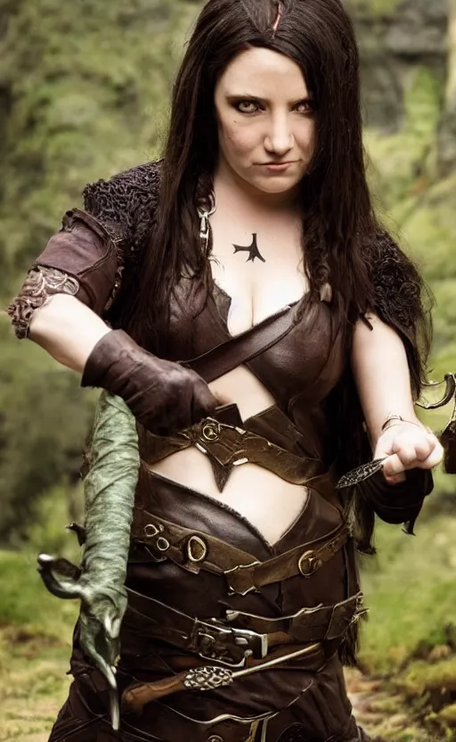 Image similar to epic fantasy d & d hobbit rogue, halfling, hobbit, female, black leather corset, cinematic, beautiful lighting, realistic, action, epic