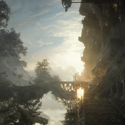 Image similar to gates of heaven, volumetric lighting, 8 k octane beautifully detailed render, post - processing, extremely hyper - detailed, intricate, epic composition, cinematic lighting, masterpiece, trending on artstation, detailed detailed detailed, masterpiece, stunning art by anders zorn, wonderful masterpiece by greg rutkowski, beautiful cinematic light,