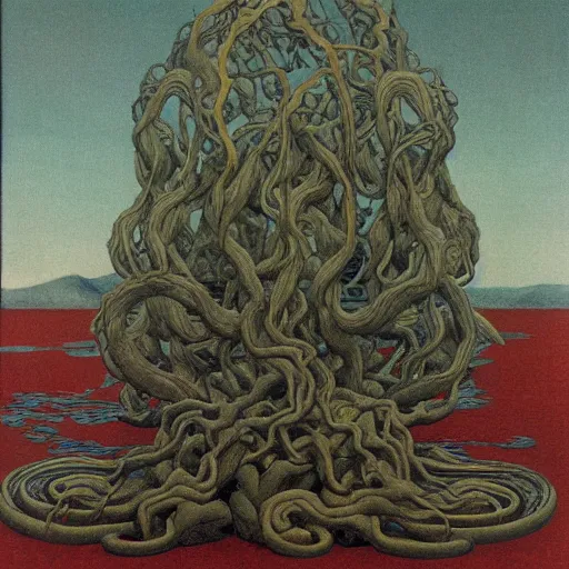 Prompt: hydra, highly detailed, artstation, jugendstil and classic japanese print, art by rene magritte and jean delville