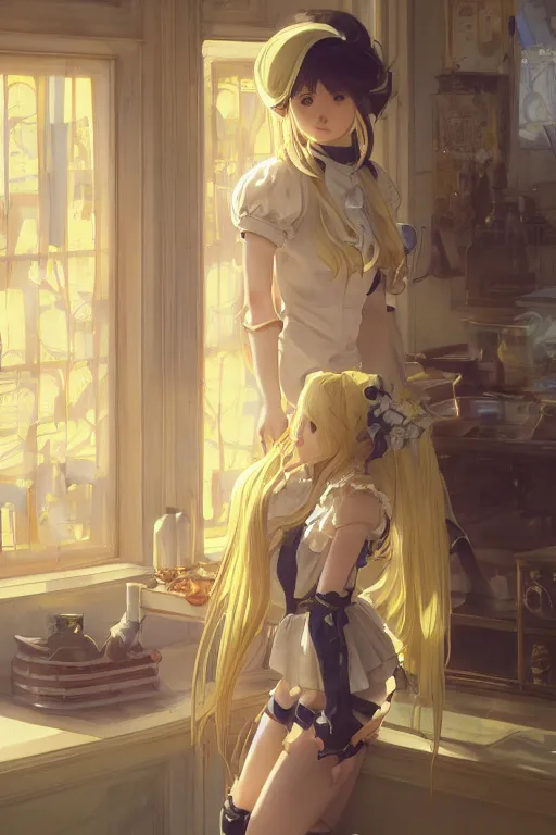 Prompt: A girl in a maid's outfit in a cafe a afternoon, wavy white long hair, yellow theme and eye-catching blue assents ,S line,45 angel by krenz cushart and mucha and akihito yoshida and greg rutkowski ,nier:automata inspired ,4k resolution