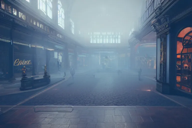 Image similar to point of view of a gunner on a victorian shopping mall, cinematic lightning, ray tracing, unreal engine 5, photorealistic, 8 k, uhd, 4 k, fps game concept, extremely detailed, beautiful, elegant, intricate, foggy, in - game footage