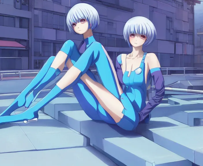 Image similar to anime art, fullbody shot of female rei ayanami, evangelion, long blue hair and large eyes, finely detailed perfect face, in a pale skintight plugsuit, sitting on rooftop, flooded city, trending on pixiv fanbox, by ilya kuvshinov, sola digital arts,, raytracing