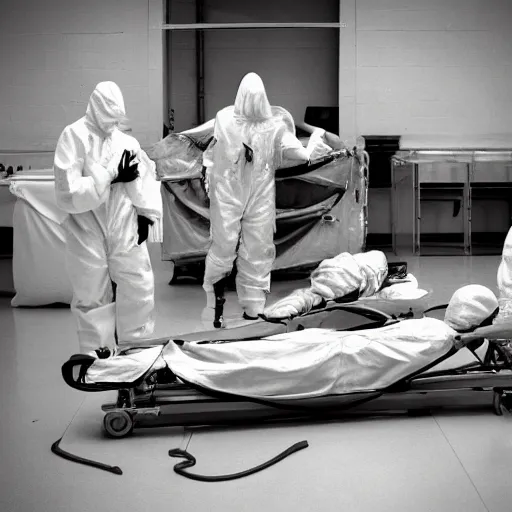 Prompt: alien on a gurney in hanger with people in hazmat suits standing around, grainy, vintage photo, sepia, old photo, realistic, detailed,
