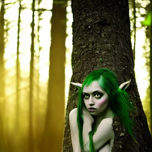 Prompt: stunning breathtaking photo of a single wood nymph with green hair and elf ears alone in a hazy forest at dusk. dark, moody, eerie lighting, brilliant use of glowing light and shadow. sigma 8 5 mm f / 1. 4