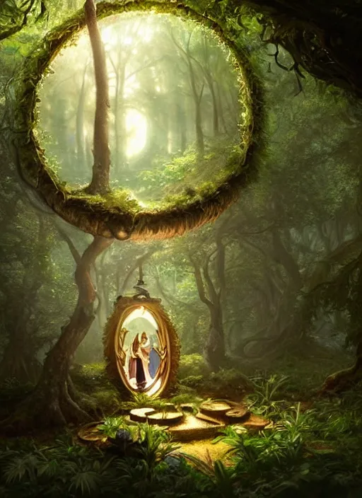 Image similar to Fantasy Magical fairy-tale portal in the forest. Round stone portal teleport in trees to other worlds. Fantastic landscape. Magic Altar in the fores, highly detailed, digital painting, artstation, concept art, smooth, sharp focus, illustration, art by artgerm and greg rutkowski and alphonse mucha