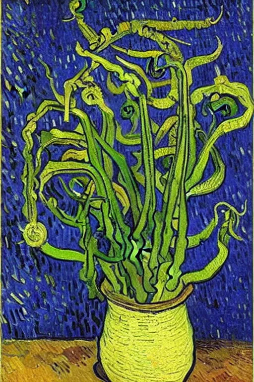 Image similar to Fiddleheads, painted by Vincent Van Gogh (1890), oil on canvas, detailed brushstrokes