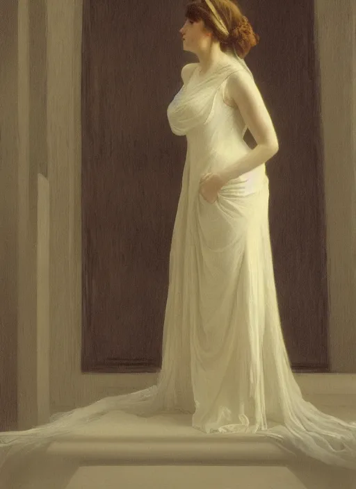 Image similar to an oil painting of a woman in a flowing white gown standing in a hazy, gloomy, dark room, art nouveau in the style of john singer sargent, greg rutkowski, maxfield parrish and alphonse mucha