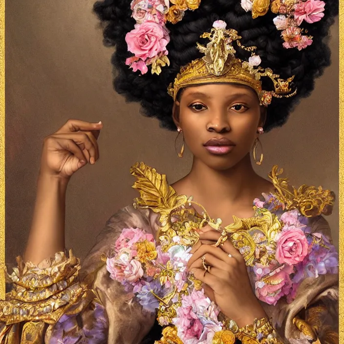 Image similar to highly detailed venetian rococo portrait of a black princess wearing a crown, golden jewels, pastel flowery background, volumetric lighting, flowers, realistic, symmetrical face, digital illustration, art by krenz cushart, alphonse mucha, kehinde wiley, artem demura