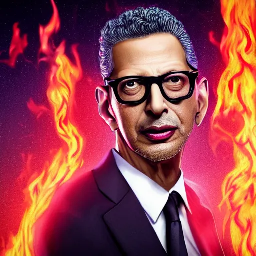 Image similar to hyperrealistic image of jeff goldblum on fire, by thomas eakes & xiang duan & mike judge, perfect symmetry, dim volumetric lighting, photorealistic, 8 k octane beautifully detailed render, post - processing, extremely hyper - detailed, intricate, epic composition, cinematic lighting, masterpiece, trending on artstation, incredibly detailed, stunning,