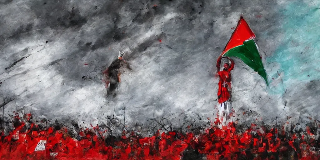 Image similar to dramatic painting of freedom for palestine, red green white black