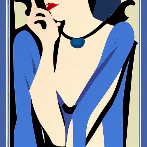 Image similar to a digital painting of a woman in a blue dress, an art deco painting by Patrick Nagel,, deviantart contest winner, art deco, matte drawing, storybook illustration, matte painting