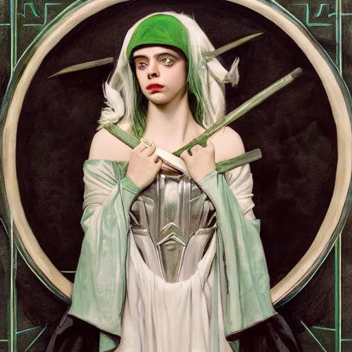 Image similar to Billie Eilish as Loki, Goddess of Mischief, oil on canvas, noir, trending on artstation, by J. C. Leyendecker and Edmund Blair Leighton and Charlie