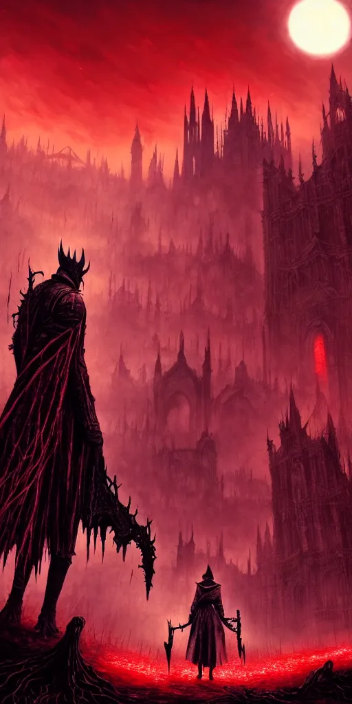 Image similar to populated bloodborne old valley with a dark person at the centre and a ruined gothic city in the background, trees and stars in the background, falling red petals, epic red - orange moonlight, perfect lightning, wallpaper illustration by niko delort and kentaro miura, 4 k, ultra realistic