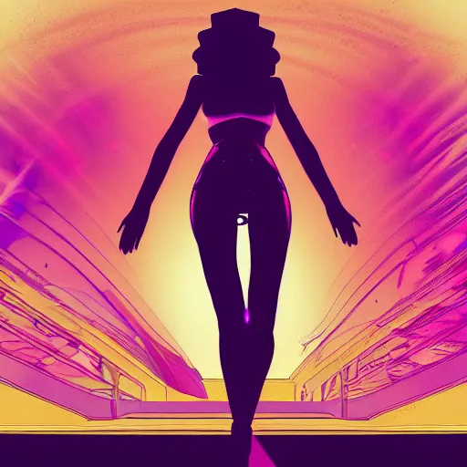 Image similar to A wide angle shot from below of a feminine body walking with swagger towards camera on mars in an infinite universe , synthwave digital art