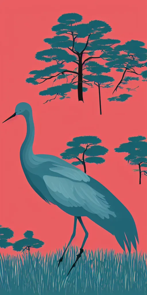 Prompt: a portrait of japanese crane waiting on a lake next to a forest of japanese pines, a big red sun in the background, logo design, fresh modern style, thick vector line art, made with photoshop, stunning