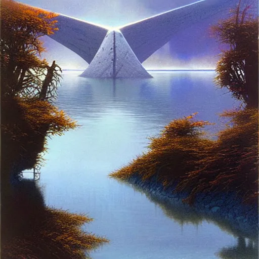 Prompt: ominous shale and ruddy steel castellum half - submerged in the sipsey river, michael whelan, angus mcbride, ted nasmith, 3 2 k huhd