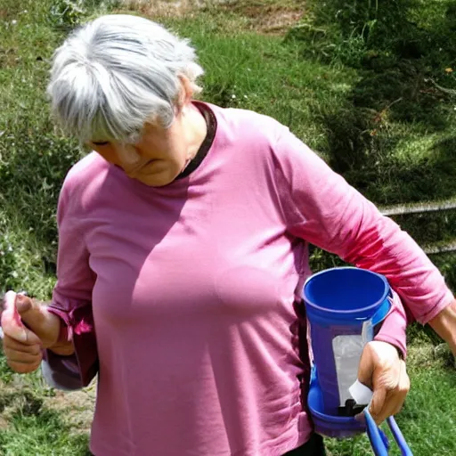 Image similar to a middle aged woman, long grey hair, red shirt, carrying a bucket.