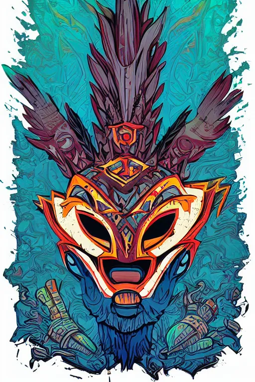 Image similar to totem animal mask tribal feather gemstone plant wood rock shaman vodoo video game vector illustration vivid color borderlands by josan gonzales and dan mumford radiating a glowing aura