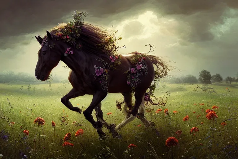 Image similar to a stunning horse with a mane of vines and flowers running through a meadow by greg rutkowski, high key lighting, volumetric light, digital art, highly detailed, fine detail, intricate, ornate, complex, octane render, unreal engine, photorealistic