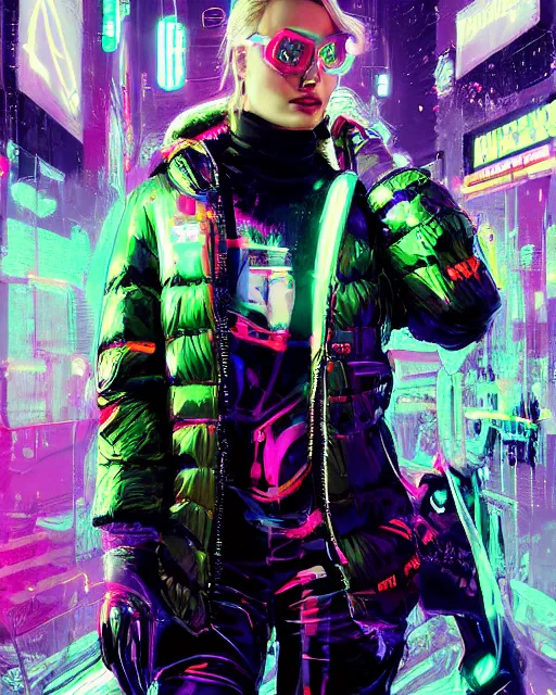 Prompt: detailed margot robbie portrait neon operator girl cyberpunk futuristic neon reflective puffy coat, decorated with traditional japanese ornaments by ismail inceoglu dragan bibin hans thoma greg rutkowski alexandros pyromallis nekro rene margitte illustrated perfect face, fine details, realistic shaded, fine - face, pretty face