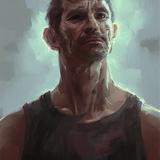 Image similar to Portrait of a man by Greg Rutkowski, he is about 40 years old, southern slav features, messy brown short hair, strong and tall, tired expression, he is wearing a black tank top, highly detailed portrait, scifi, digital painting, artstation, concept art, smooth, sharp foccus ilustration, Artstation HQ.