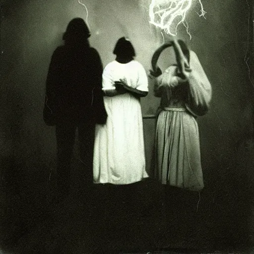 Image similar to spirit photography with glowing bulbous ectoplasm, scary shadow people, couple mourning, sleep paralysis demon, plasma lightning bolts, 1 9 0 0 s, slimer, summoning tall horned demon, mourning family, invoke fear and dread, old photograph, daguerreotype