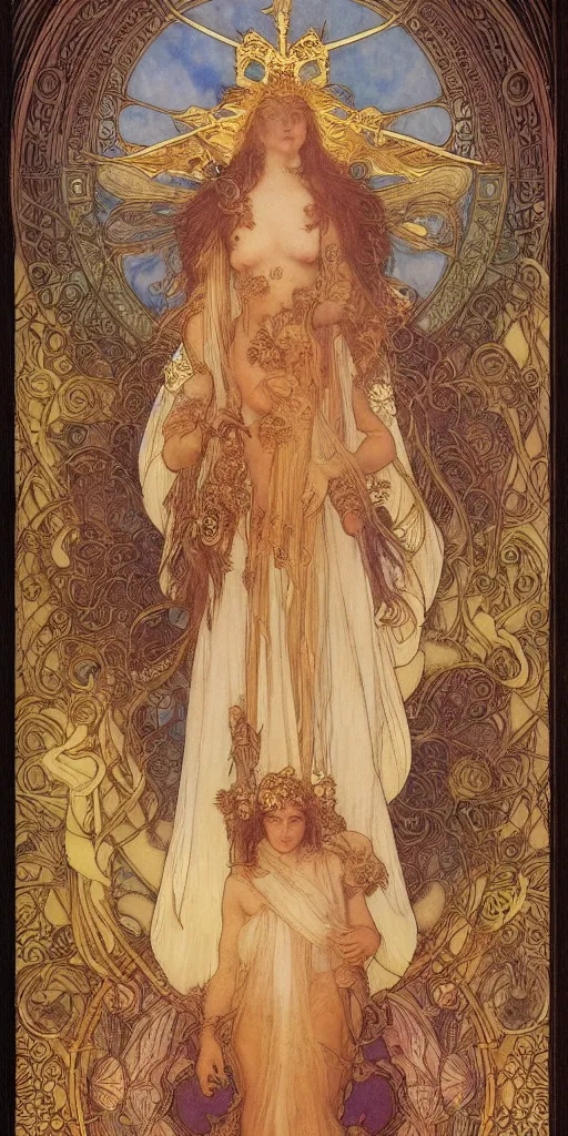 Prompt: saint woman, venus, athena, halo, queen, by alphons mucha and annie swynnerton and jean delville, strong dramatic cinematic lighting, ornate headdress, flowing robes, spines, flowers, stars, lost civilizations, smooth, sharp focus, extremely detailed, marble, gold, space