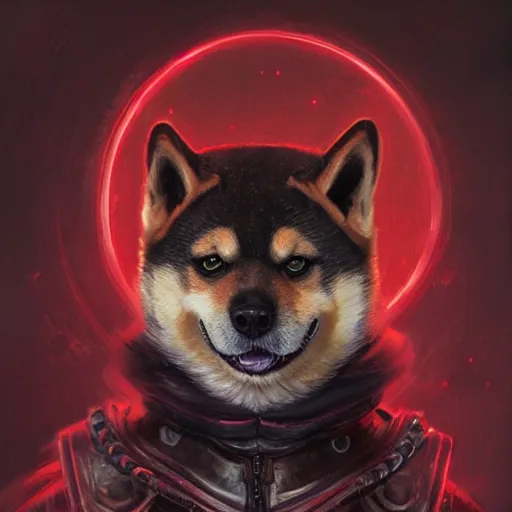 Prompt: anthropomorphic shiba inu, wearing berserk anime darkness armor, blood aura red light, fantasy, dark, portrait art by donato giancola and greg rutkowski, realistic face, digital art, trending on artstation, symmetry