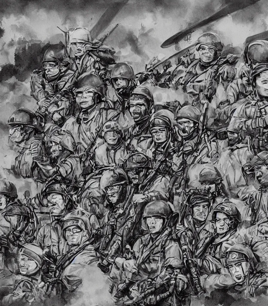 Prompt: vietnam war helicopter soldiers rain illustration in the style of jim lee