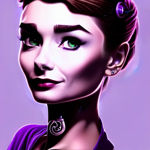 Image similar to in the style of diego fazio, artgerm, beautiful audrey hepburn, steampunk, elegant pose, middle shot, spooky, symmetrical face symmetrical eyes, three point lighting, detailed realistic eyes, short neck, purple and green top clothing, insanely detailed and intricate elegant