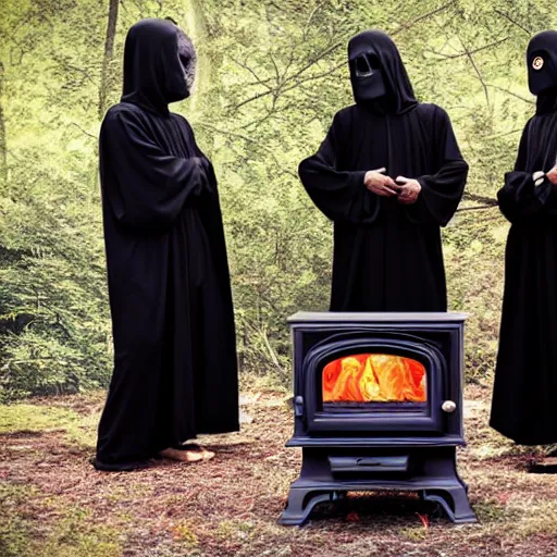 Prompt: cultists in black robes surround a stove, realistic, gothic, black masks, magical, realistic