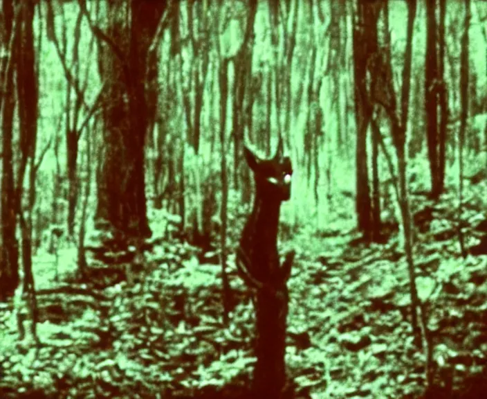 Image similar to a still frame from vhs footage of a creature in a forest, grainy, creature in view, scary, color