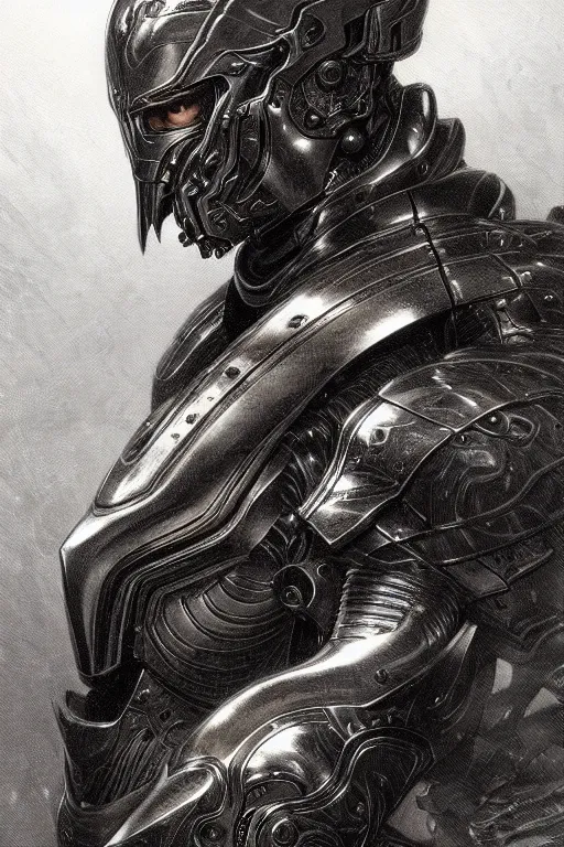 Prompt: portrait of a man with a biomechanic armor by Noriyoshi Ohrai and Gustave Doré, highly detailed, trending on artstation