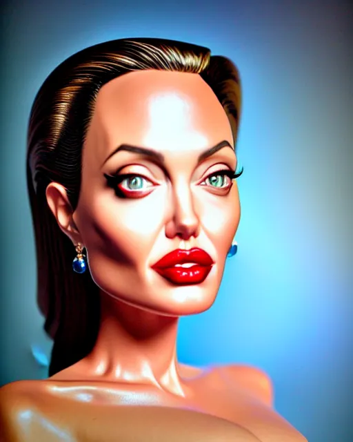 Prompt: closeup profile face profile portrait of a tin toy angelina jolie as a waitress in a diner, bikini, hyper realistic, artstation, illustration, concept art by bill ward, digital paint, matte paint, vivid colors, bright, cheerful, detailed and intricate environment