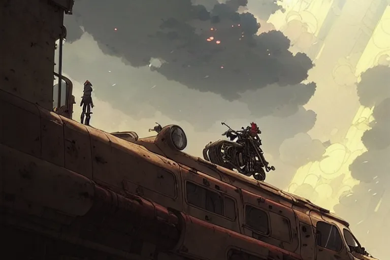 Image similar to dieselpunk post apocalyptic tvr cerbera : : speeding with clouds of dust : : painted by greg rutkowski makoto shinkai takashi takeuchi studio ghibli, akihiko yoshida