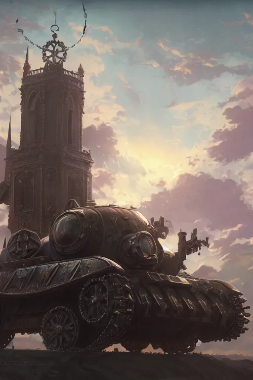 Image similar to a mobile driving ornate cathedral church as tower mounted on a tank with chain drive, warhammer 4 0, scene in an open field. key visual, conceptart, ambient lighting, highly detailed, digital painting, artstation, concept art, sharp focus, by makoto shinkai and akihiko yoshida and kris kuksi