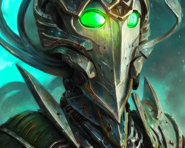 Image similar to extreme close up portrait of a aeldari in wraithbone armor, bottom up green lighting, stoic, poised, deep focus, d & d, fantasy, intricate, highly detailed, digital painting, artstation, concept art, matte, sharp focus, illustration, hearthstone, art by artgerm and greg rutkowski and alphonse mucha