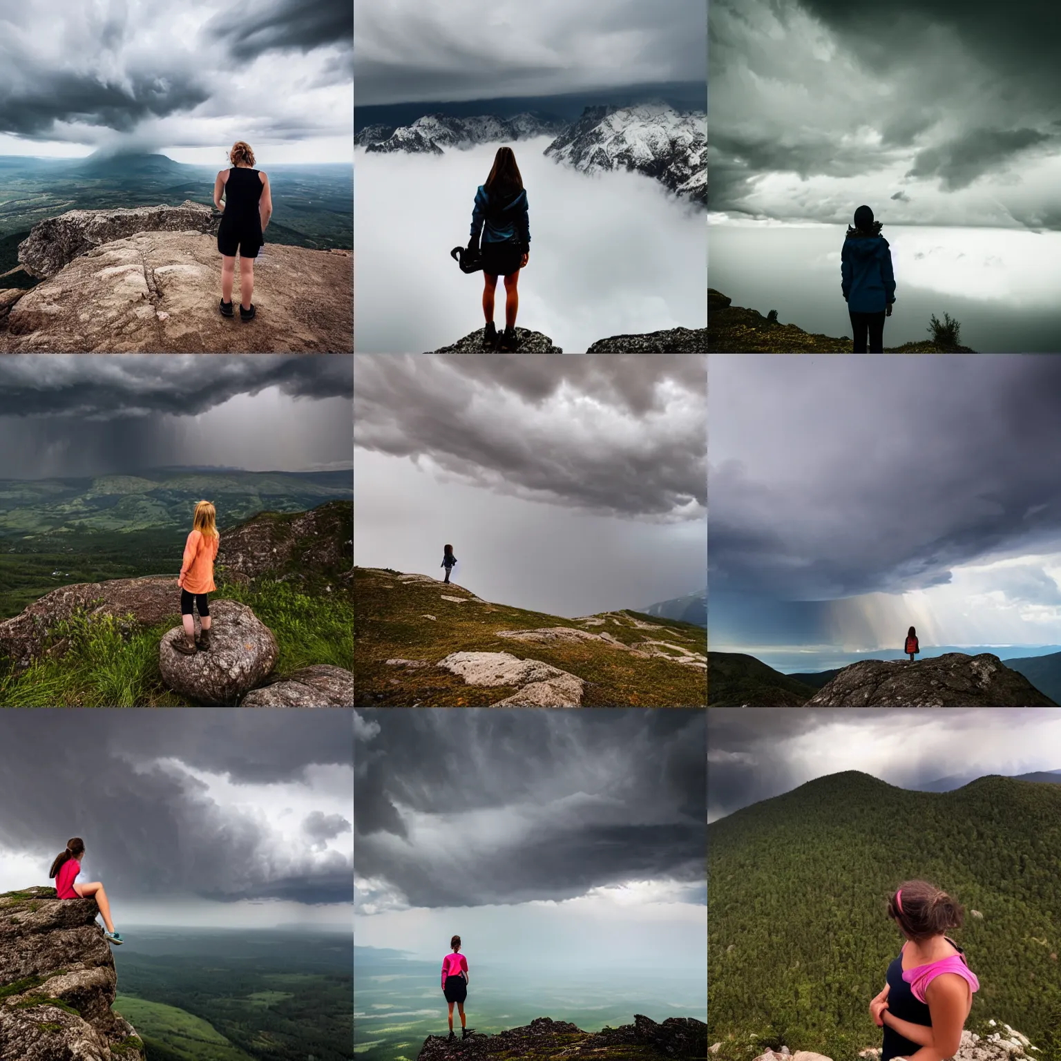 Prompt: A girl standing on a mountain looking out an approaching storm