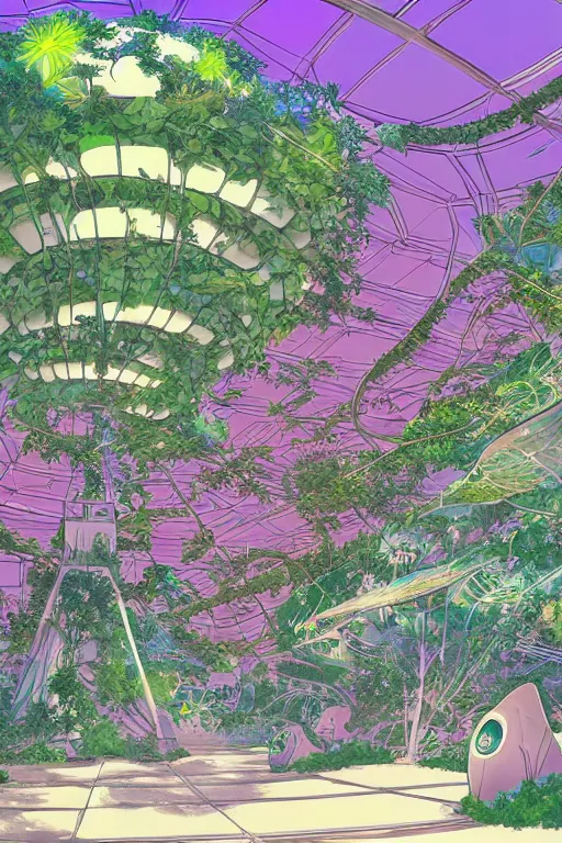 Prompt: concept art painting of a multi level botanical garden spaceship, artgerm, moebius, inio asano, toon shading, cel shading, calm, tranquil, vaporwave colors,