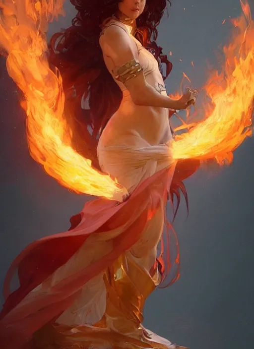 Prompt: a woman made of fire and smoke, full body view, beautiful high quality realistic fantasy art, trending on artstation by artgerm and greg rutkowski and alphonse mucha