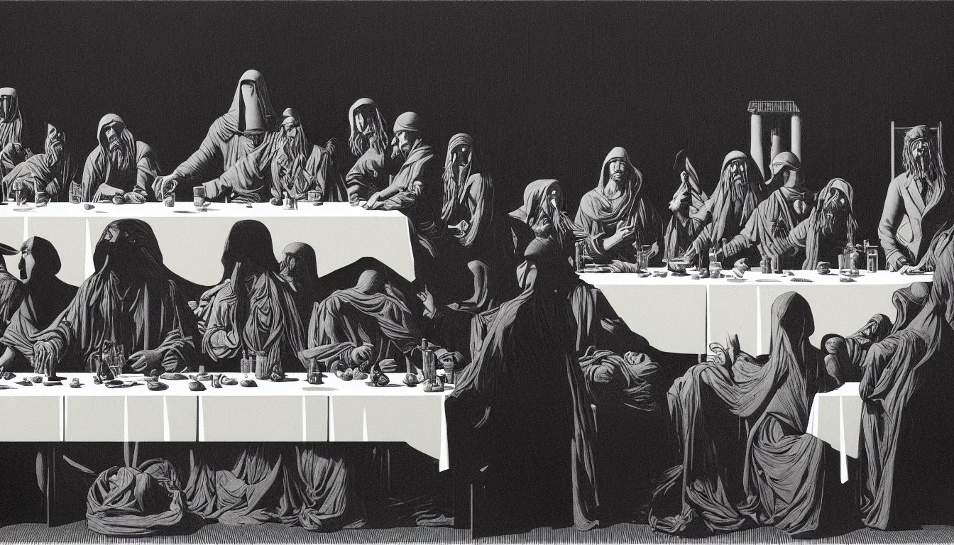 Image similar to colorful!!! the last supper by rene magritte, futuristic by laurie greasley and bouguereau, ( ( etching by gustave dore ) ), cyberpunk, ultraclear intricate, sharp focus, highly detailed digital painting illustration, concept art, masterpiece