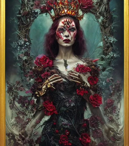 Image similar to portrait of the beautiful supreme queen of the blood cult, full body, surrounded by skulls and overgrowth and dark flowers by karol bak, James Jean, tom bagshaw, rococo, trending on artstation, cinematic lighting, hyper realism, octane render, 8k, hyper detailed.