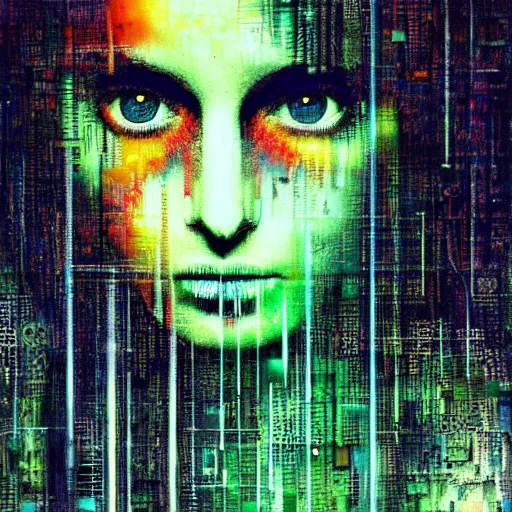 Image similar to portrait of an elven druid modest woman, mysterious, glitch effects over the eyes, shadows, by Guy Denning, by Johannes Itten, by Russ Mills, centered, glitch art, innocent, hacking effects, chromatic, cyberpunk, color blocking, digital art, concept art, abstract